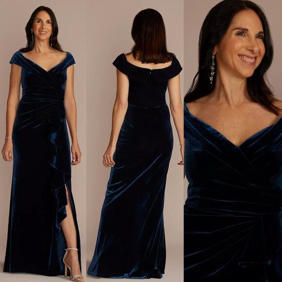 OLEG Cassini Navy Blue Velvet Off-the-Shoulder Sheath Mother of Bride Size 16W - Picture 1 of 9